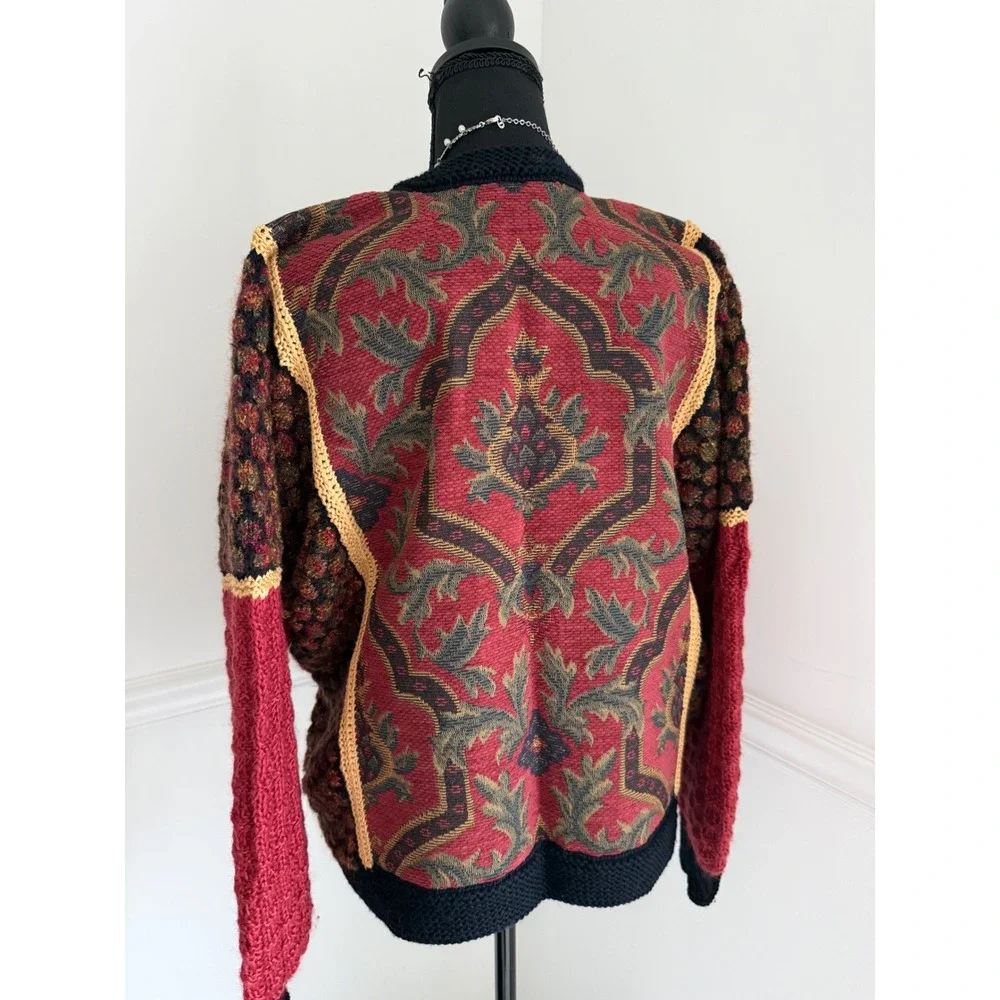 Vintage Tapestry wool Cardigan‎ Boho Art-to-Wear popcorn Knit Jacket eclectic L